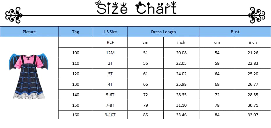 Bat costume size chart