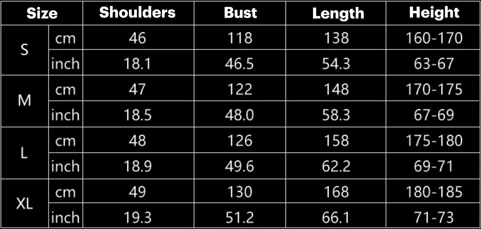 evil costume size chart