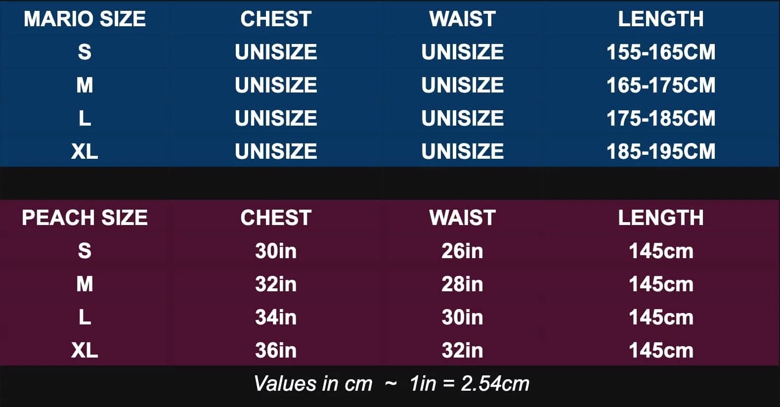 Funny Peach and Mario Costume For Couples size chart