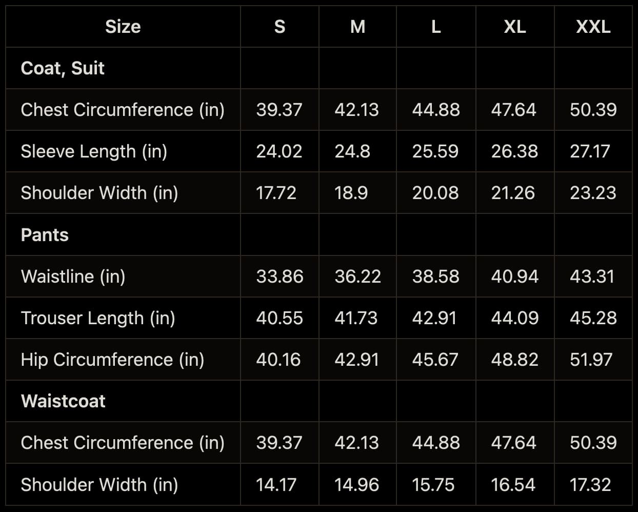 The joker red costume size chart